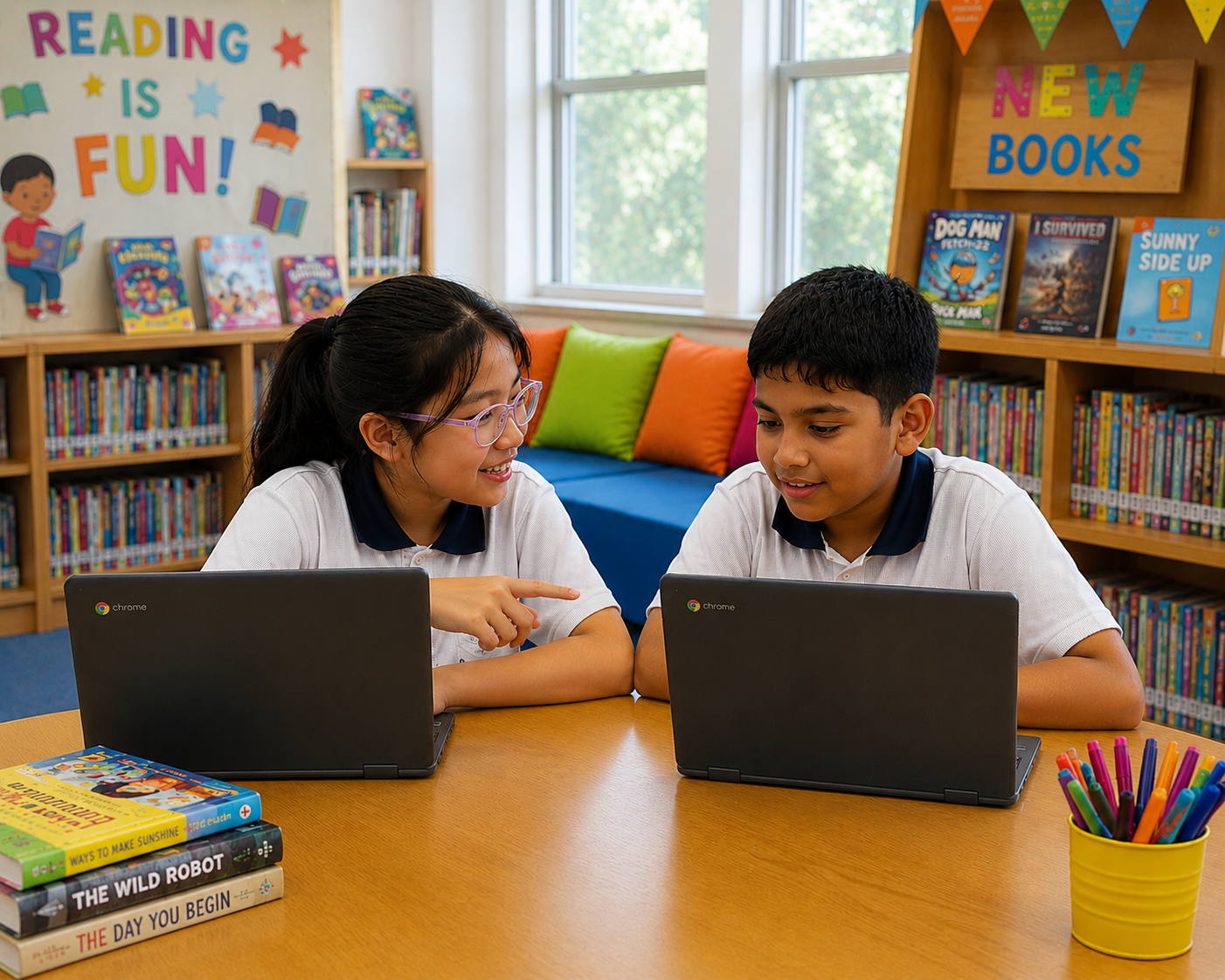 Two students, a boy and a girl, sitting in the library and using their laptops to discuss school work